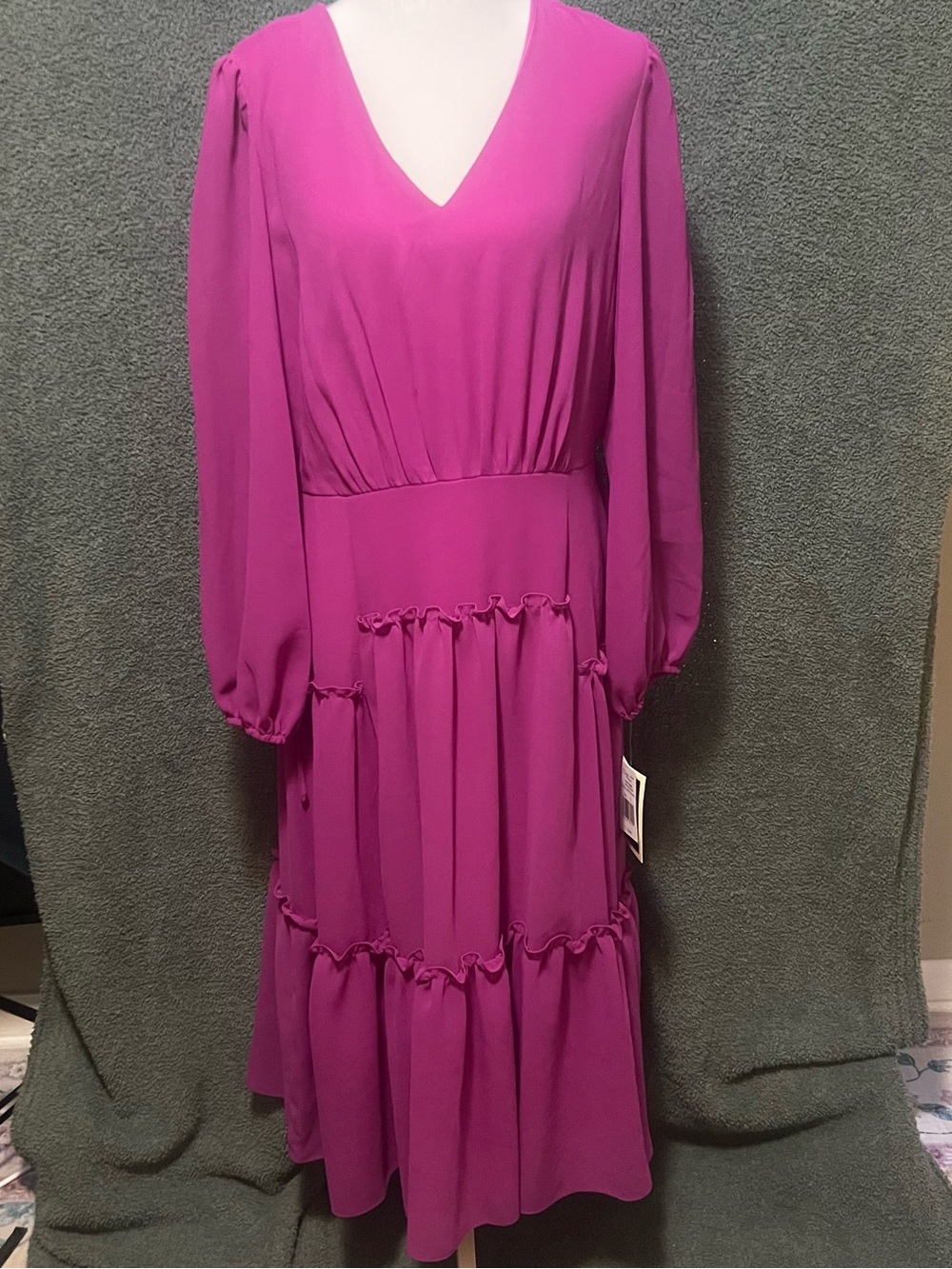 Magenta V-Neck Long Sleeve Tiered Midi Dress